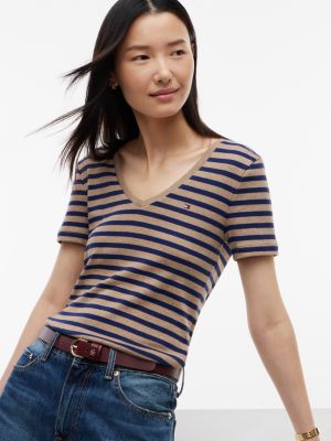 Женская футболка Tommy Hilfiger V-Neck Striped Favorite, цвет: Коричневый / Тёмно-синий полосатый — фото 3