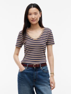 V-Neck Striped Favorite T-Shirt, Dark Beige