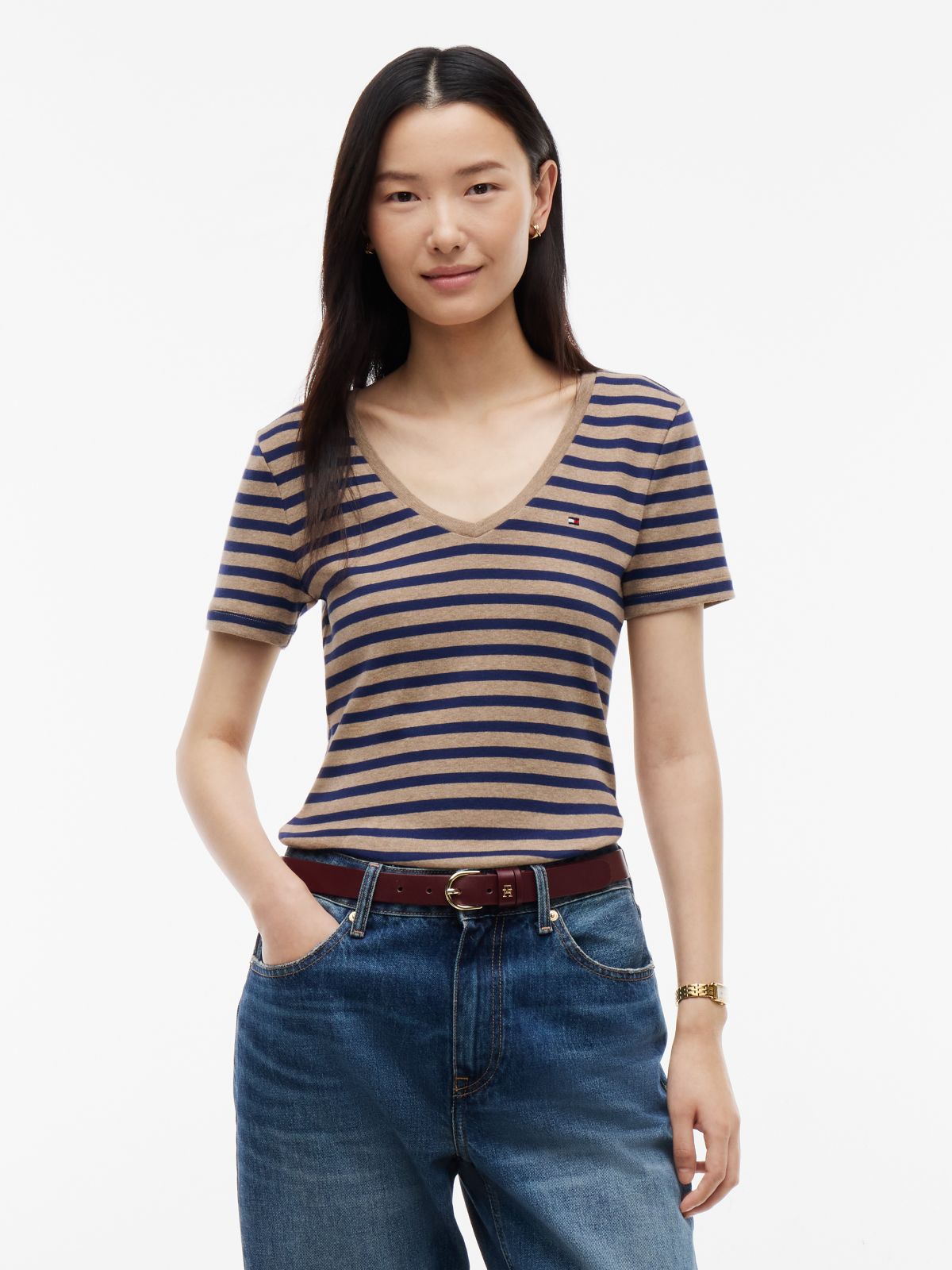 V-Neck Striped Favorite T-Shirt — Brown/Navy Stripe