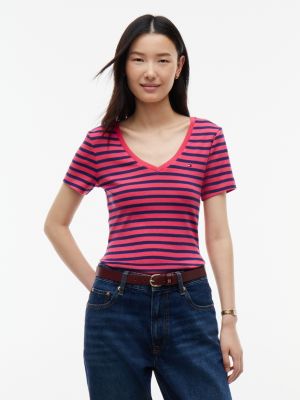 V-Neck Striped Favorite T-Shirt, Vintage Cerise