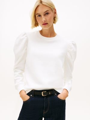 Puff-Sleeve Fleece Sweatshirt, Ecru