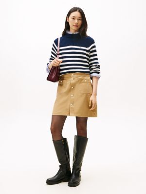 Gold-Button Stretch Chino Mini Skirt, Classic Khaki