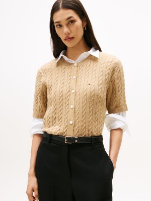 Short-Sleeve Cable Knit Cardigan, Beige Heather