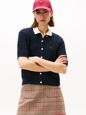 Short-Sleeve Cable Knit Cardigan, Navy Blue