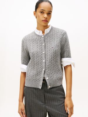 Short-Sleeve Cable Knit Cardigan, Grey