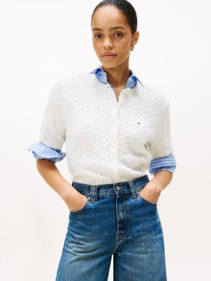 Short-Sleeve Cable Knit Cardigan, Ivory
