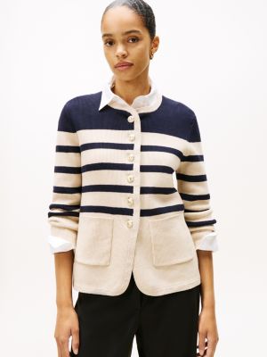 Oversized Gold-Button Stripe Cardigan, Navy Blue