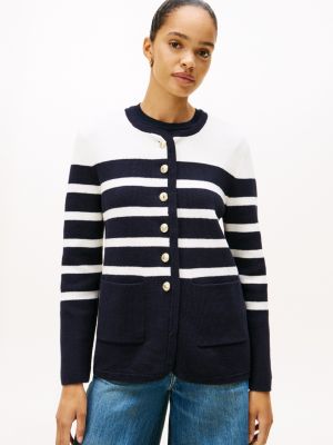 Oversized Gold-Button Stripe Cardigan, Ecru