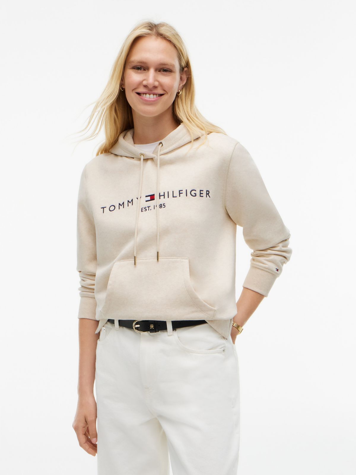 Tommy Logo Fleece Hoodie — Light Beige Heather