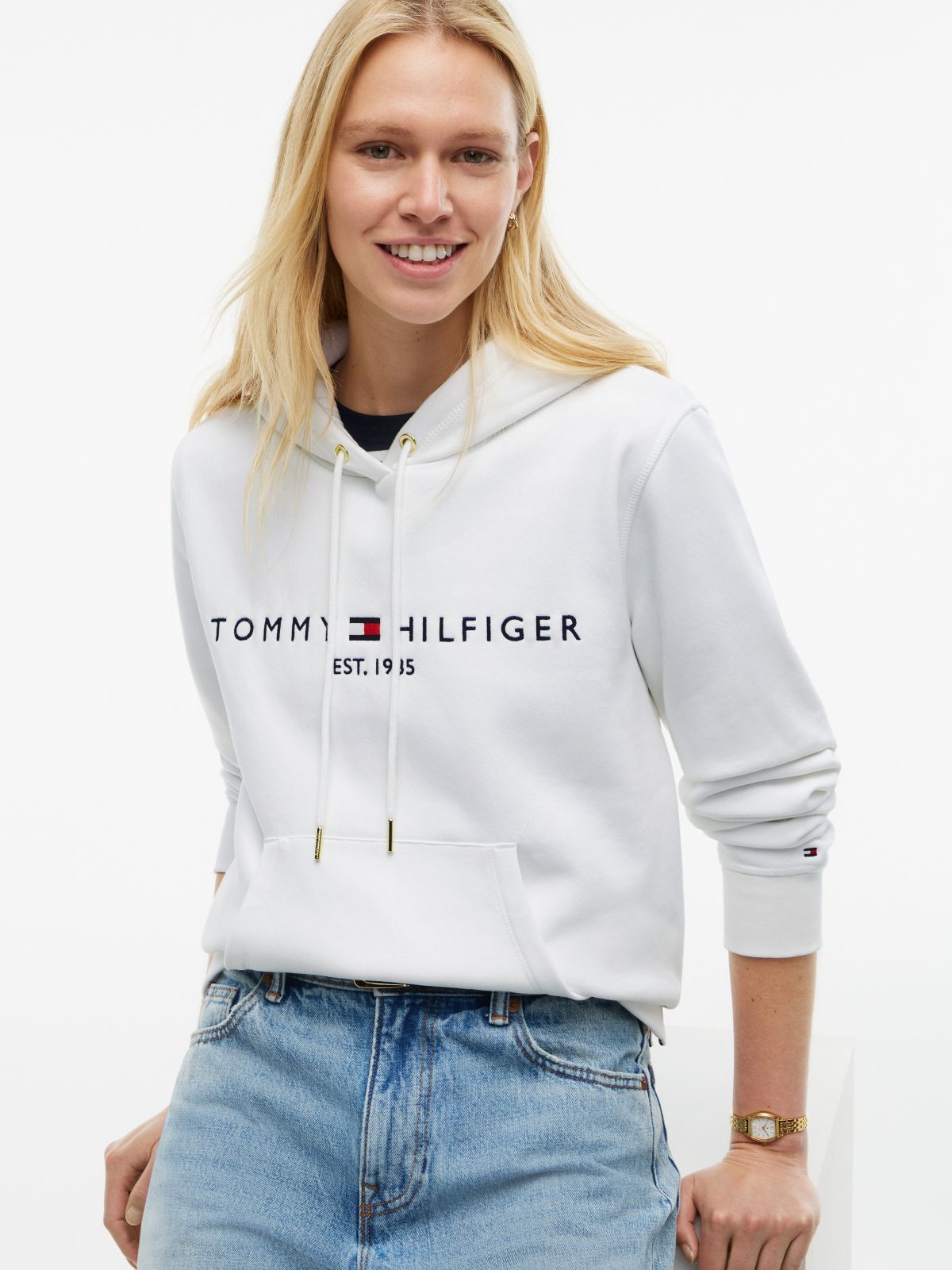 Tommy Logo Fleece Hoodie — Optic White
