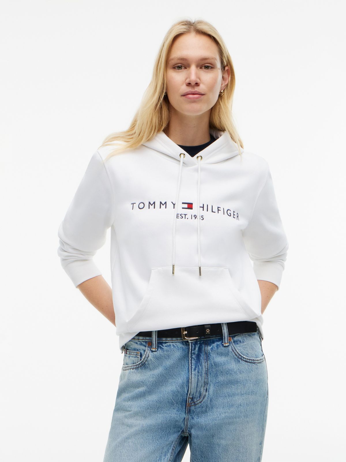 Tommy Logo Fleece Hoodie — Optic White