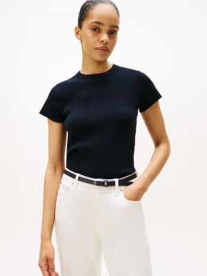 Short-Sleeve Ribbed Crewneck Sweater, Navy Blue