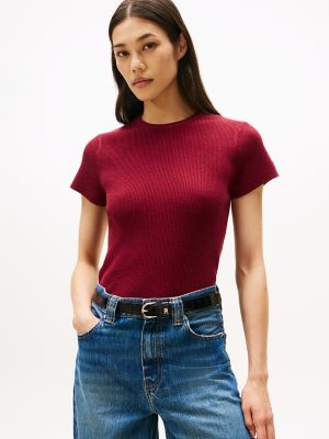 Short-Sleeve Ribbed Crewneck Sweater, Rouge