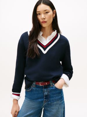 Varsity Stripe V-Neck Sweater, Navy Blue