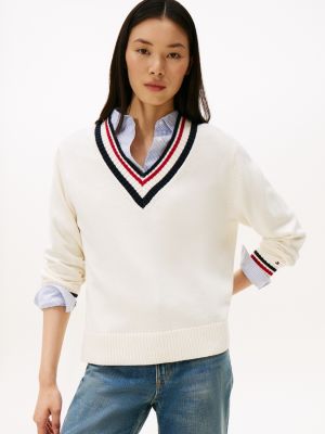 Varsity Stripe V-Neck Sweater, Ivory