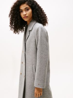 Wool-Blend Double-Breasted Coat, Grey Herringbone