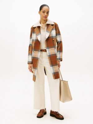 Wool-Blend Double-Breasted Coat, Brown Multi