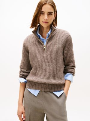 Quarter-Zip Chunky Knit Sweater, Coconut Brown