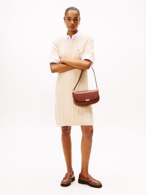 Short-Sleeve Cable Knit Sweater Dress, Brown