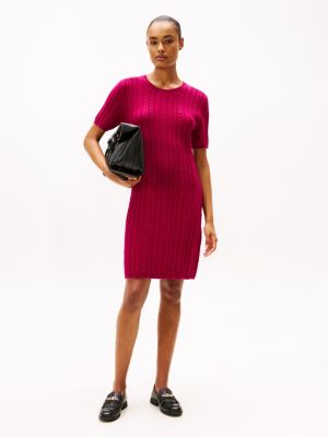 Short-Sleeve Cable Knit Sweater Dress, Italian Wine