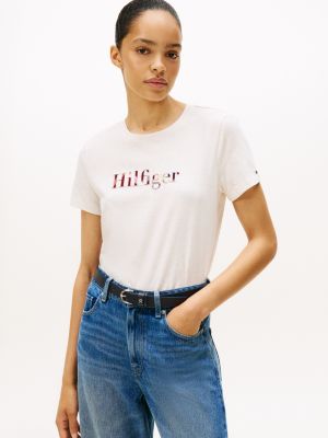 Plaid Hilfiger Logo T-Shirt, Ivory Heather