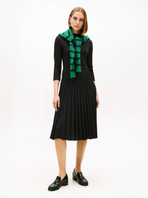 Pleated Mix Media Midi Dress, Black