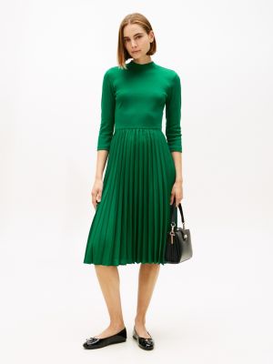 Pleated Mix Media Midi Dress, Atlantis Green