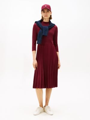 Pleated Mix Media Midi Dress, Deep Rouge