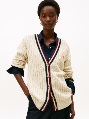 Cable Knit Crest Logo Varsity Cardigan, Classic Beige