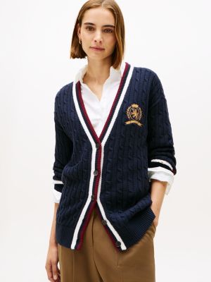 Cable Knit Crest Logo Varsity Cardigan, Navy