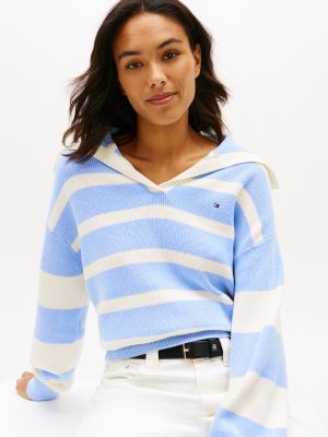 Stripe Nautical-Collar Sweater Polo, Light Blue