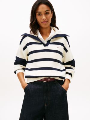 Stripe Nautical-Collar Sweater Polo, Rich Cream