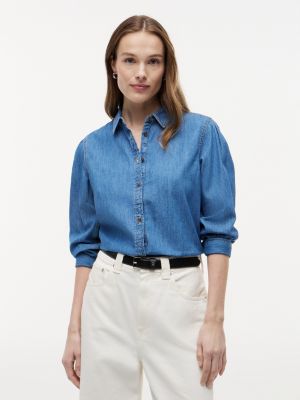 Puff-Sleeve Chambray Shirt, Medium Wash