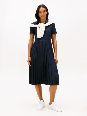 Gold-Button Mix Media Polo Dress, Navy