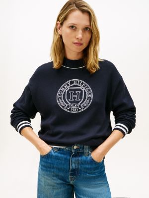 Embroidered Crest Medallion Logo Sweater, Navy Blue