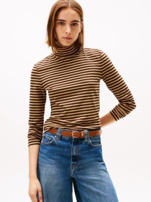 Long-Sleeve Stripe Turtleneck T-Shirt, Dark Coffee