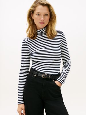 Long-Sleeve Stripe Turtleneck T-Shirt, Navy Blue / Optic White