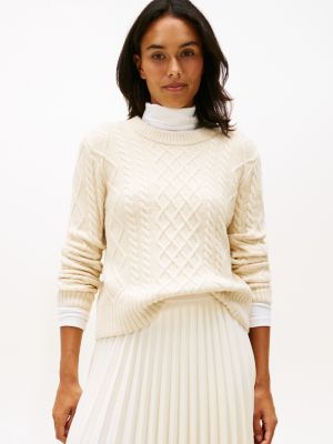 Cable Knit Crewneck Sweater, Beige