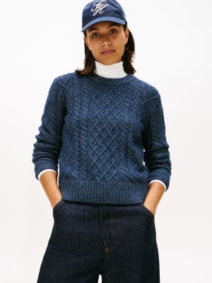 Cable Knit Crewneck Sweater, Navy Blue