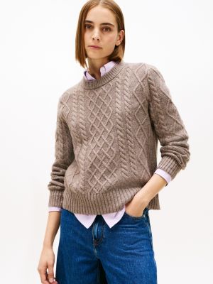 Cable Knit Crewneck Sweater, Coconut Brown