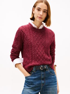 Cable Knit Crewneck Sweater, Rouge