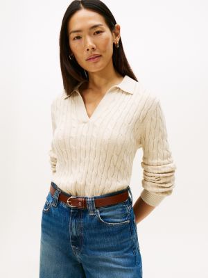 Open Placket Cable Knit Sweater Polo, Dark Beige