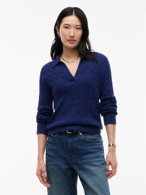 Open Placket Cable Knit Sweater Polo, Preppy Navy