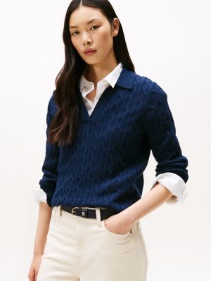 Open Placket Cable Knit Sweater Polo, Navy Blue