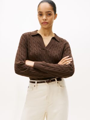 Open Placket Cable Knit Sweater Polo, Brown