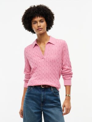 Open Placket Cable Knit Sweater Polo, Mystic Pink