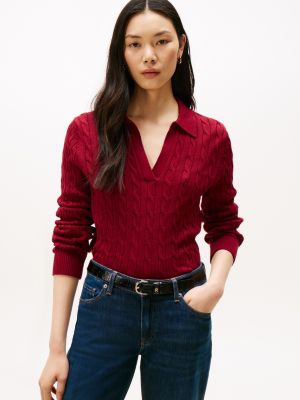 Open Placket Cable Knit Sweater Polo, Rouge