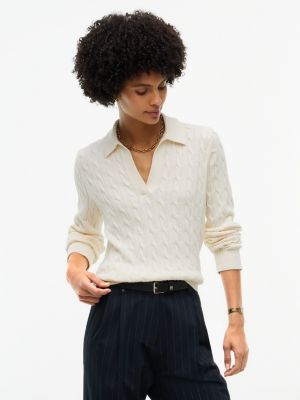 Open Placket Cable Knit Sweater Polo, Rich Cream