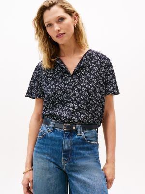 Flutter-Sleeve Printed Georgette Shirt, Navy Blue