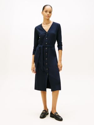 Belted Rib-Knit Cardigan Sweater Dress, Navy Blue